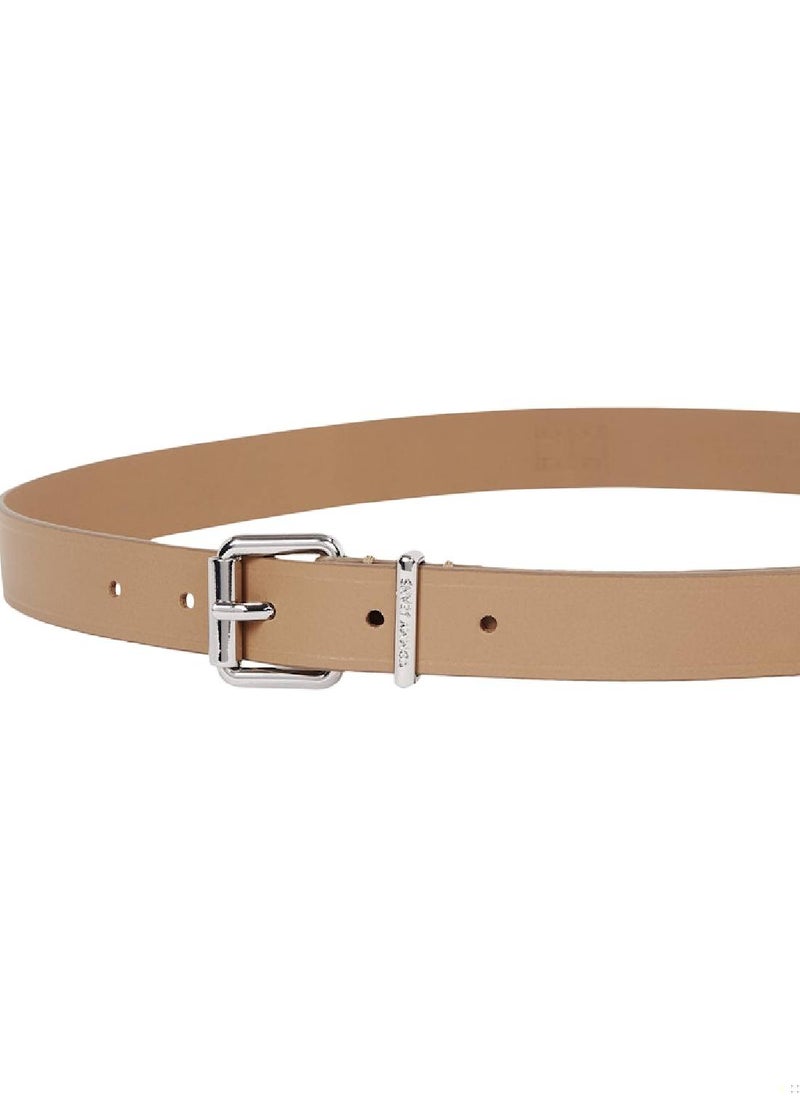 Women's Debossed Logo Leather Belt - Leather, Beige