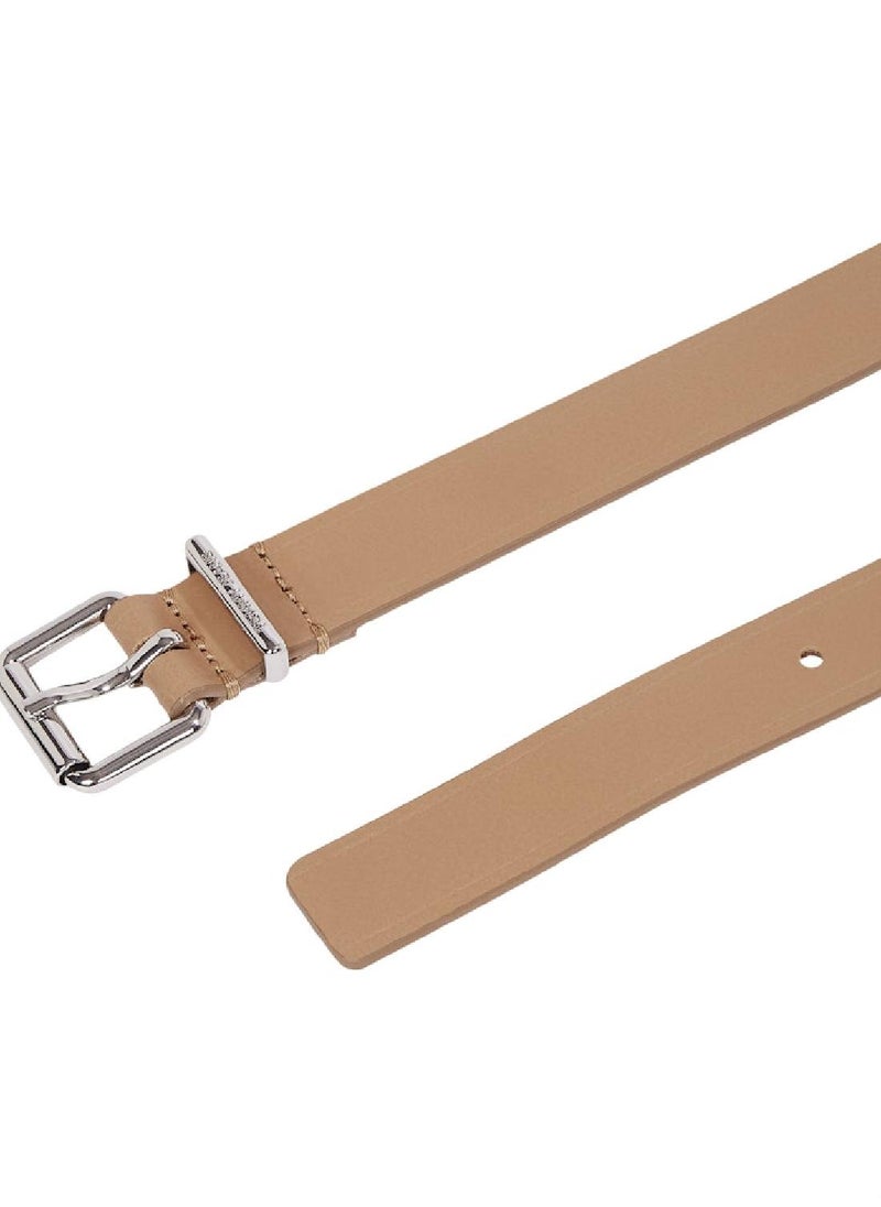 Women's Debossed Logo Leather Belt - Leather, Beige