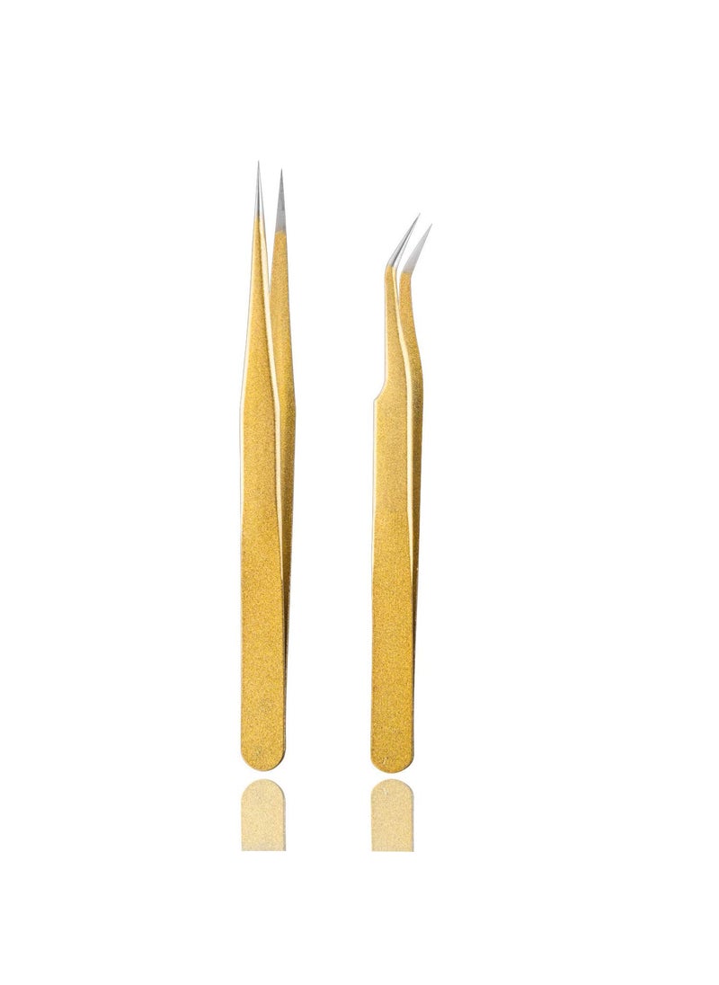 Tvoip 2 Pcs Gold Stainless Steel Tweezers for Eyelash Extensions Straight and Curved Tip Tweezers Nippers False Lash Application Tools