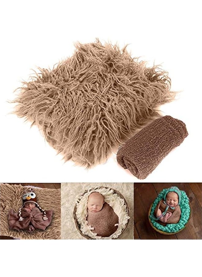 Baby Photography Props Fluffy Blanket + Ripple Wrap Set Newborn Photography Wrap Mat - Khaki