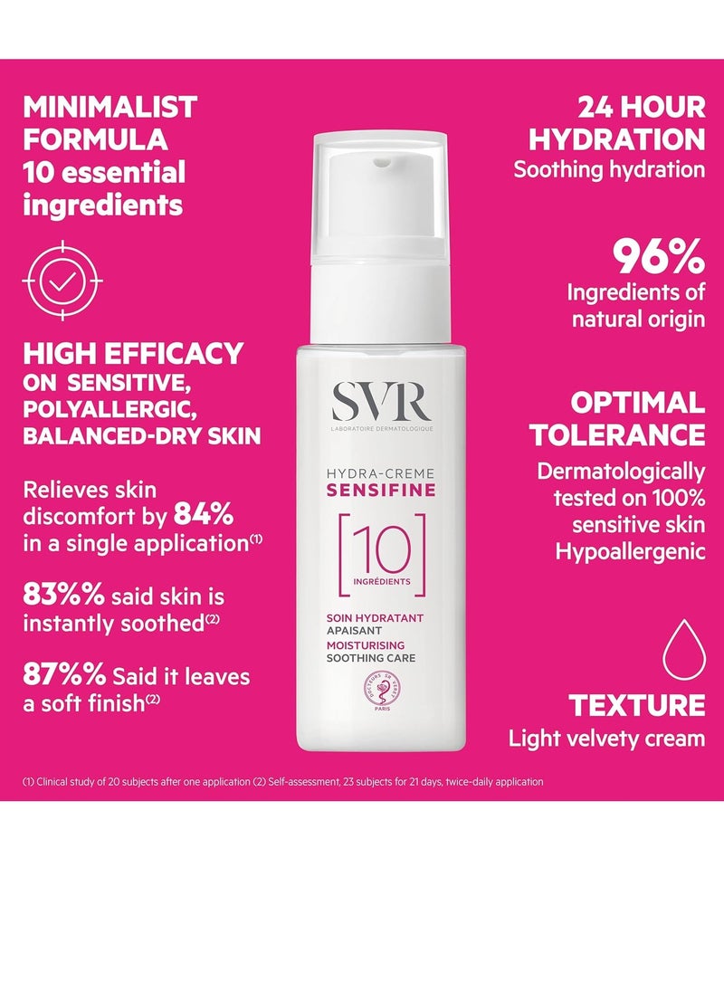 SVR Sensifine Hydra Face Cream. Moisturizing Soothing Care For Normal To Dry Dehydrated Skin. Fragrance Free Moisturizer With 96% Ingredients Of Natural Origin. 24hr Comfort And Hydration, 1.3 Fl.oz.