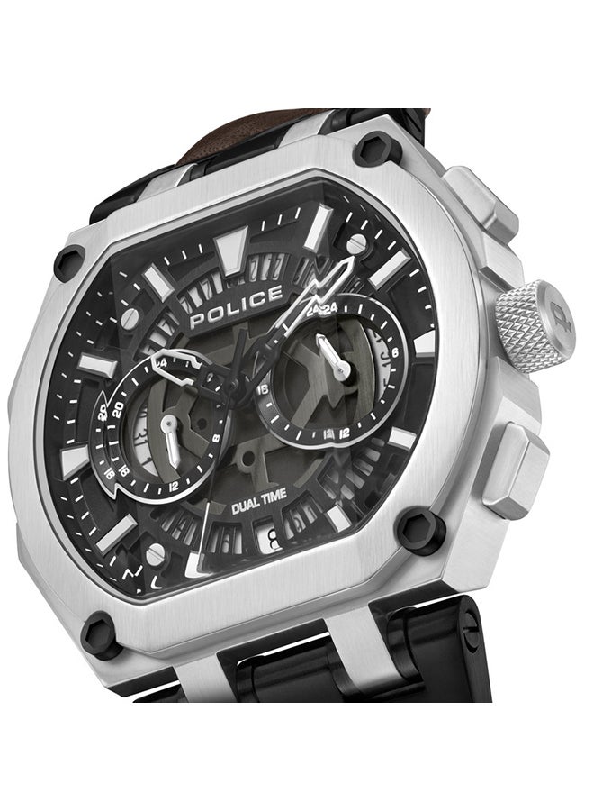 Men's Shield Black Dial Brown Leather Strap Gents Chronograph Watch With Stainless Steel Case
