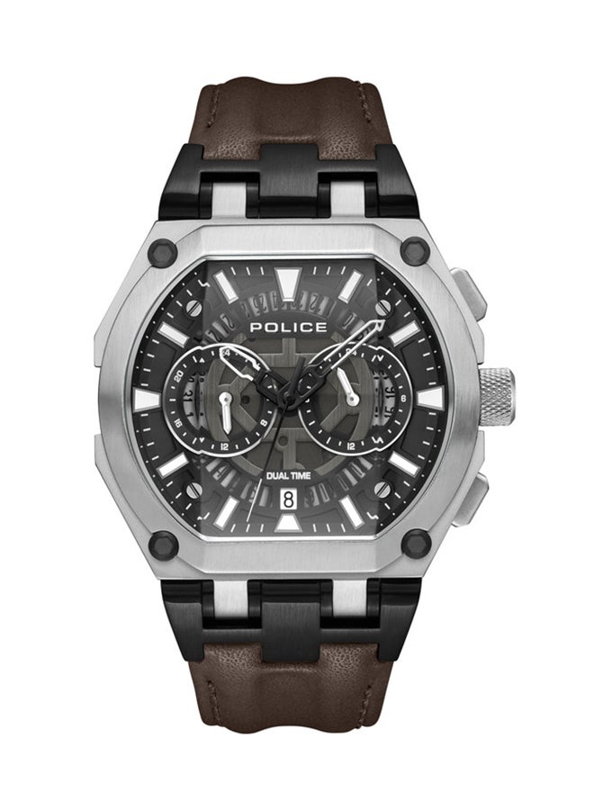 Men's Shield Black Dial Brown Leather Strap Gents Chronograph Watch With Stainless Steel Case