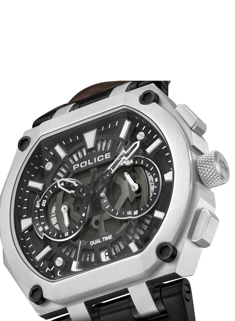 Men's Shield Black Dial Brown Leather Strap Gents Chronograph Watch With Stainless Steel Case