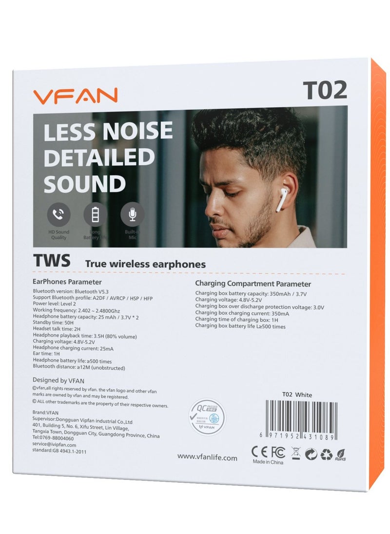 VFAN TWS Wireless Earbuds T02-White