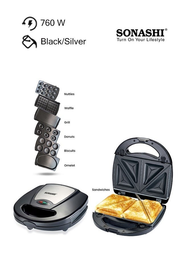 7-In-1 Non-Stick Multi Snacks Maker with Sandwich/Panini-Grill-Waffle-Donut-Nutty-Biscuit-Omelette Detachable Plates 760 W SSM-862 Black/Silver