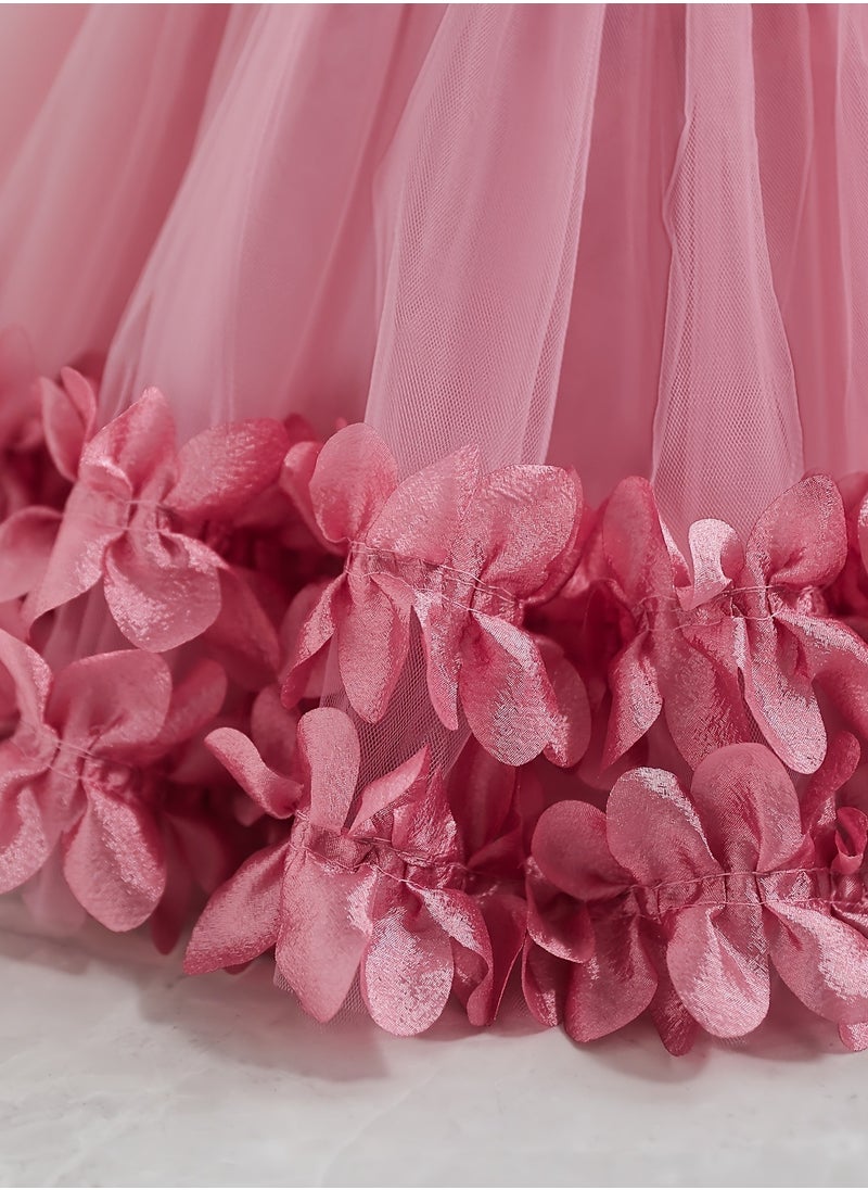 Embroidery Mesh Splicing Princess Dress Flower Decor Cap Sleeve Gown, Toddler Girl's Clothing For Formal Occasion Birthday Party Eid Festival Photography Banquet (Pink)
