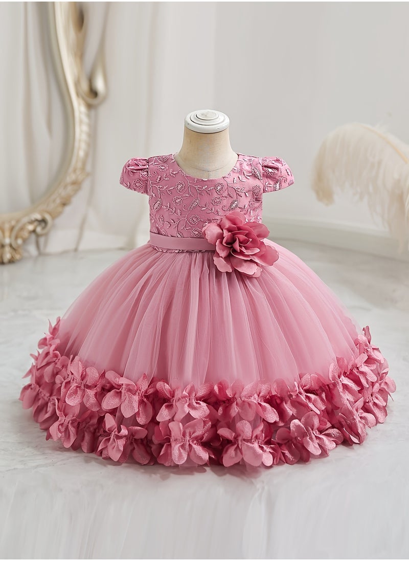 Embroidery Mesh Splicing Princess Dress Flower Decor Cap Sleeve Gown, Toddler Girl's Clothing For Formal Occasion Birthday Party Eid Festival Photography Banquet (Pink)