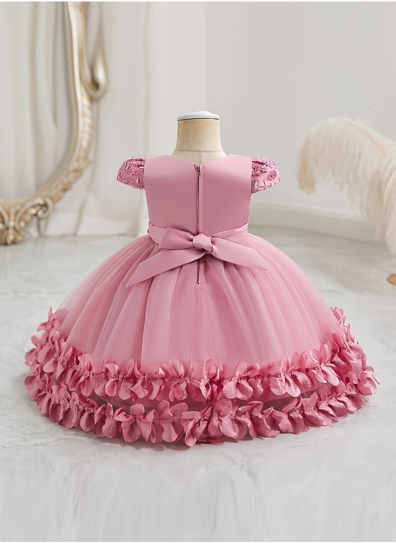 Embroidery Mesh Splicing Princess Dress Flower Decor Cap Sleeve Gown, Toddler Girl's Clothing For Formal Occasion Birthday Party Eid Festival Photography Banquet (Pink)