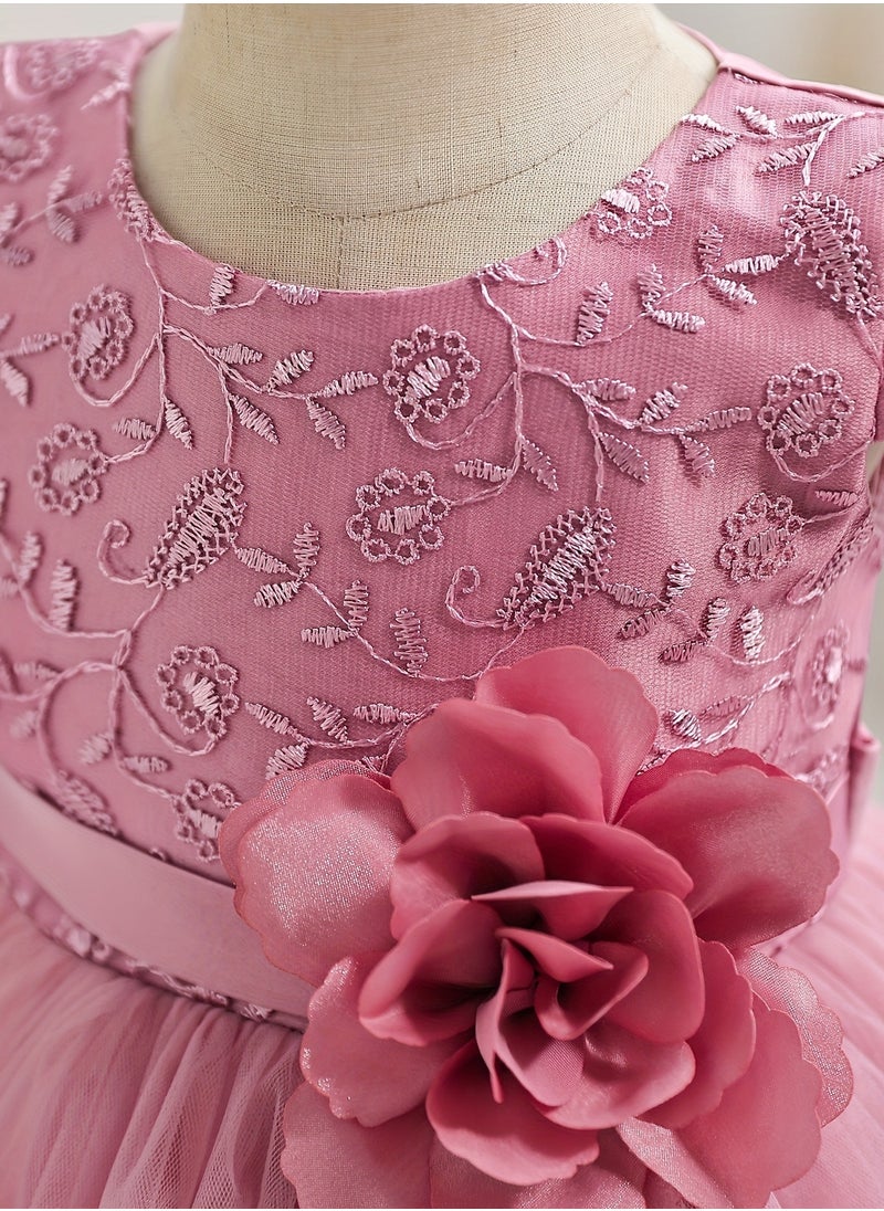 Embroidery Mesh Splicing Princess Dress Flower Decor Cap Sleeve Gown, Toddler Girl's Clothing For Formal Occasion Birthday Party Eid Festival Photography Banquet (Pink)