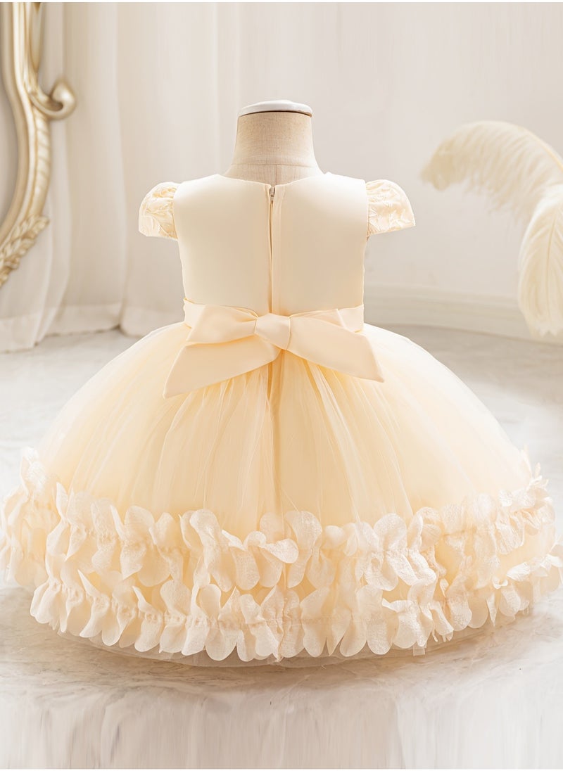 Embroidery Mesh Splicing Princess Dress Flower Decor Cap Sleeve Gown, Toddler Girl's Clothing For Formal Occasion Birthday Party Eid Festival Photography Banquet (Champagne)