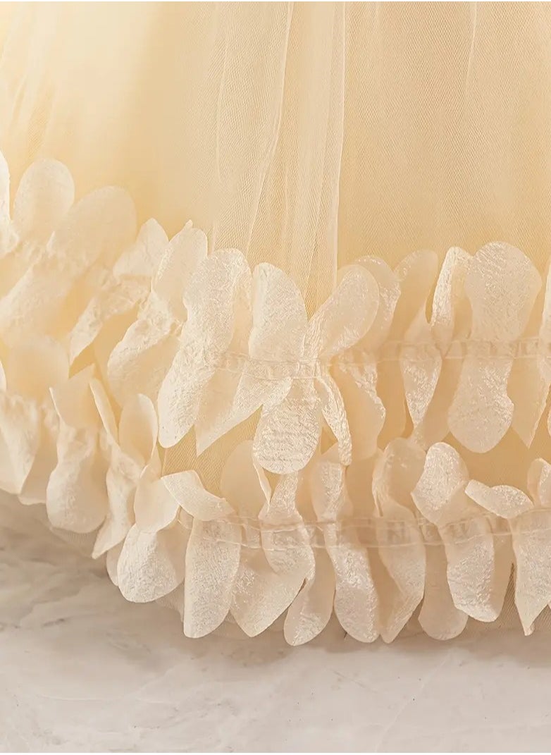 Embroidery Mesh Splicing Princess Dress Flower Decor Cap Sleeve Gown, Toddler Girl's Clothing For Formal Occasion Birthday Party Eid Festival Photography Banquet (Champagne)