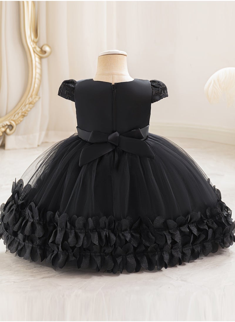 Embroidery Mesh Splicing Princess Dress Flower Decor Cap Sleeve Gown, Toddler Girl's Clothing For Formal Occasion Birthday Party Eid Festival Photography Banquet (Black)