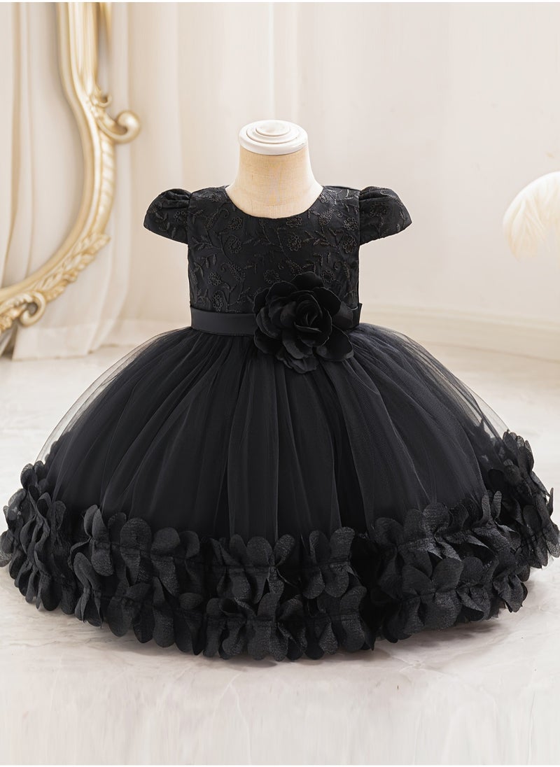Embroidery Mesh Splicing Princess Dress Flower Decor Cap Sleeve Gown, Toddler Girl's Clothing For Formal Occasion Birthday Party Eid Festival Photography Banquet (Black)
