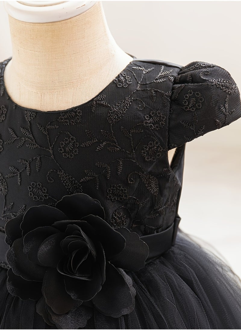 Embroidery Mesh Splicing Princess Dress Flower Decor Cap Sleeve Gown, Toddler Girl's Clothing For Formal Occasion Birthday Party Eid Festival Photography Banquet (Black)