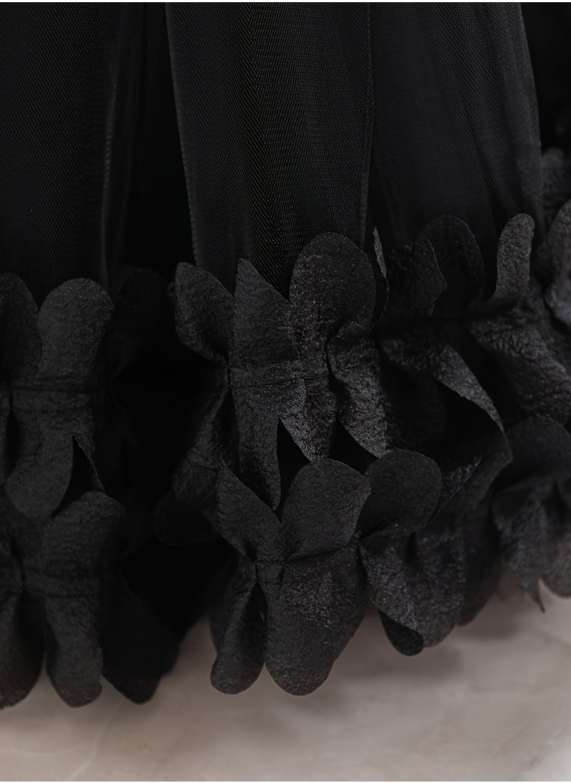 Embroidery Mesh Splicing Princess Dress Flower Decor Cap Sleeve Gown, Toddler Girl's Clothing For Formal Occasion Birthday Party Eid Festival Photography Banquet (Black)