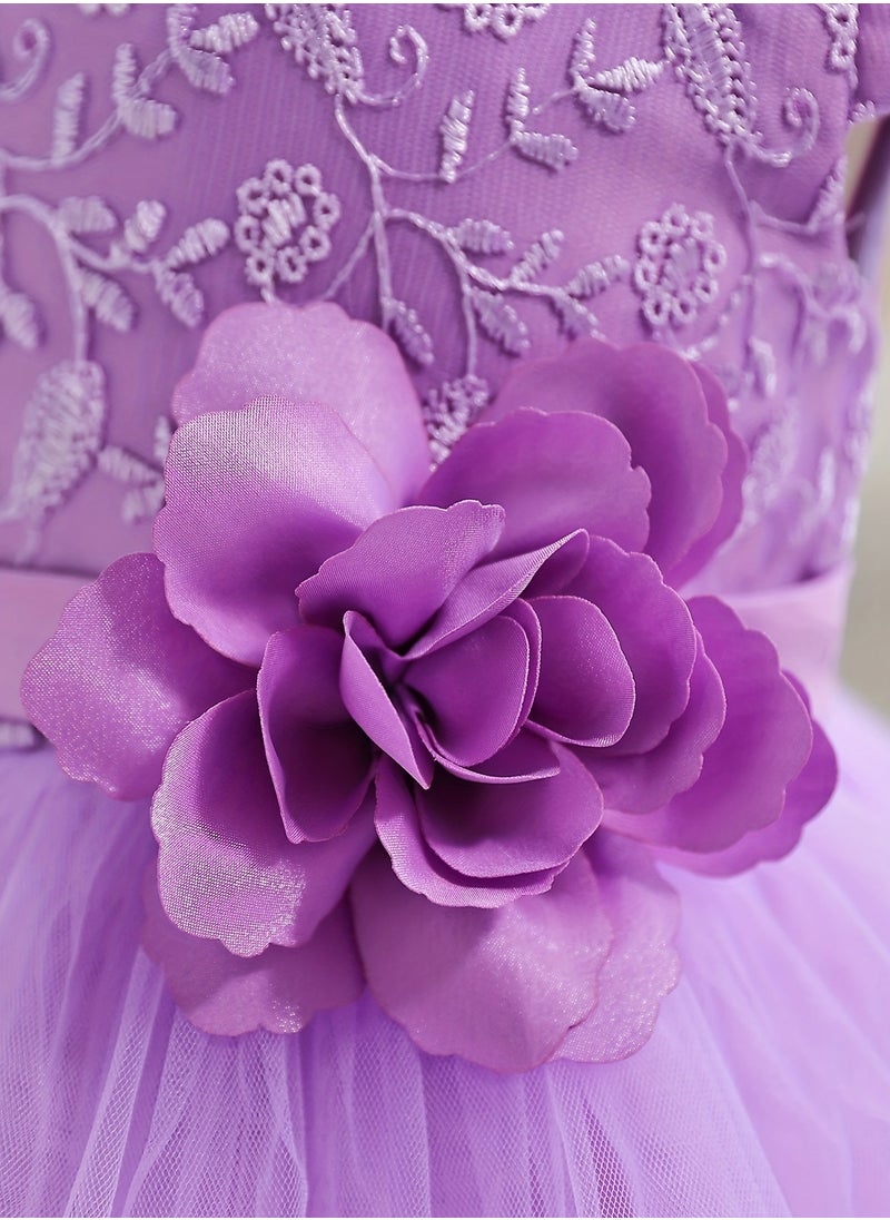 Embroidery Mesh Splicing Princess Dress Flower Decor Cap Sleeve Gown, Toddler Girl's Clothing For Formal Occasion Birthday Party Eid Festival Photography Banquet (Violet)