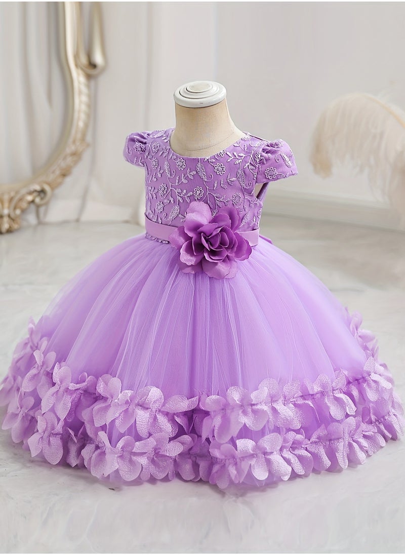 Embroidery Mesh Splicing Princess Dress Flower Decor Cap Sleeve Gown, Toddler Girl's Clothing For Formal Occasion Birthday Party Eid Festival Photography Banquet (Violet)