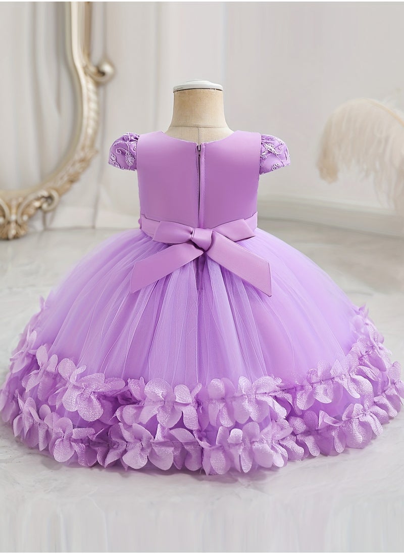 Embroidery Mesh Splicing Princess Dress Flower Decor Cap Sleeve Gown, Toddler Girl's Clothing For Formal Occasion Birthday Party Eid Festival Photography Banquet (Violet)