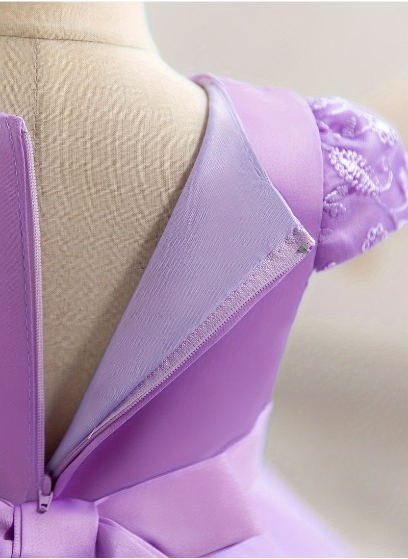 Embroidery Mesh Splicing Princess Dress Flower Decor Cap Sleeve Gown, Toddler Girl's Clothing For Formal Occasion Birthday Party Eid Festival Photography Banquet (Violet)