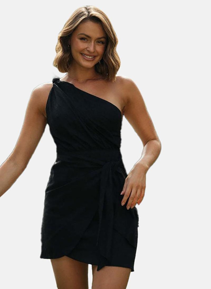 Black Off-Shoulder Cotton Sheath Dress