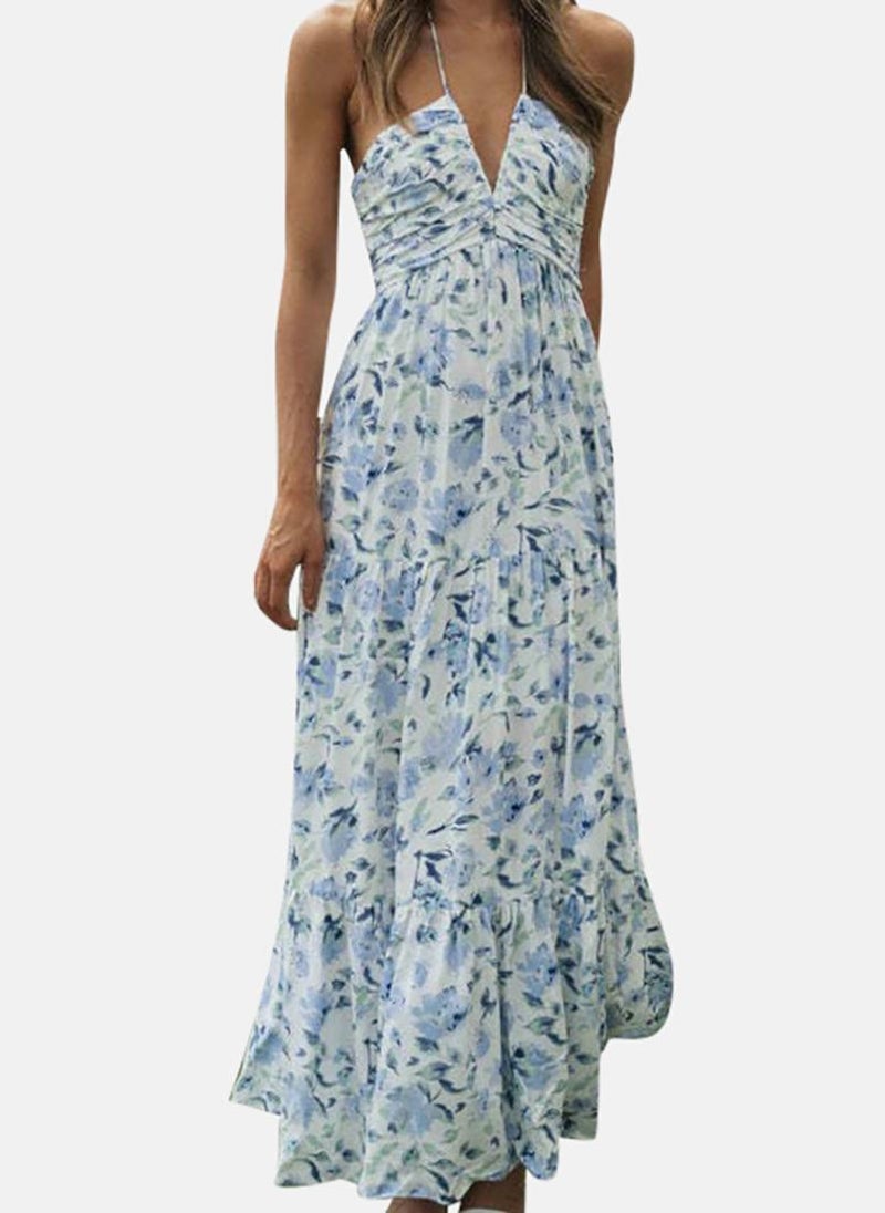White Women Floral Printed Halter Neck A-Line Maxi Dress