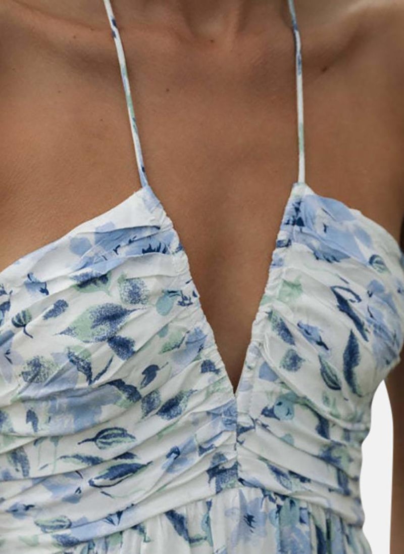 White Women Floral Printed Halter Neck A-Line Maxi Dress