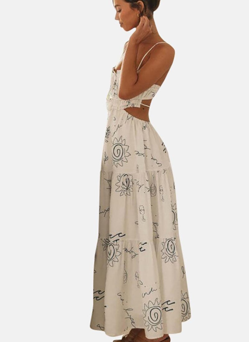 White Women Abstract Print Tiered Fit & Flare Maxi Dress