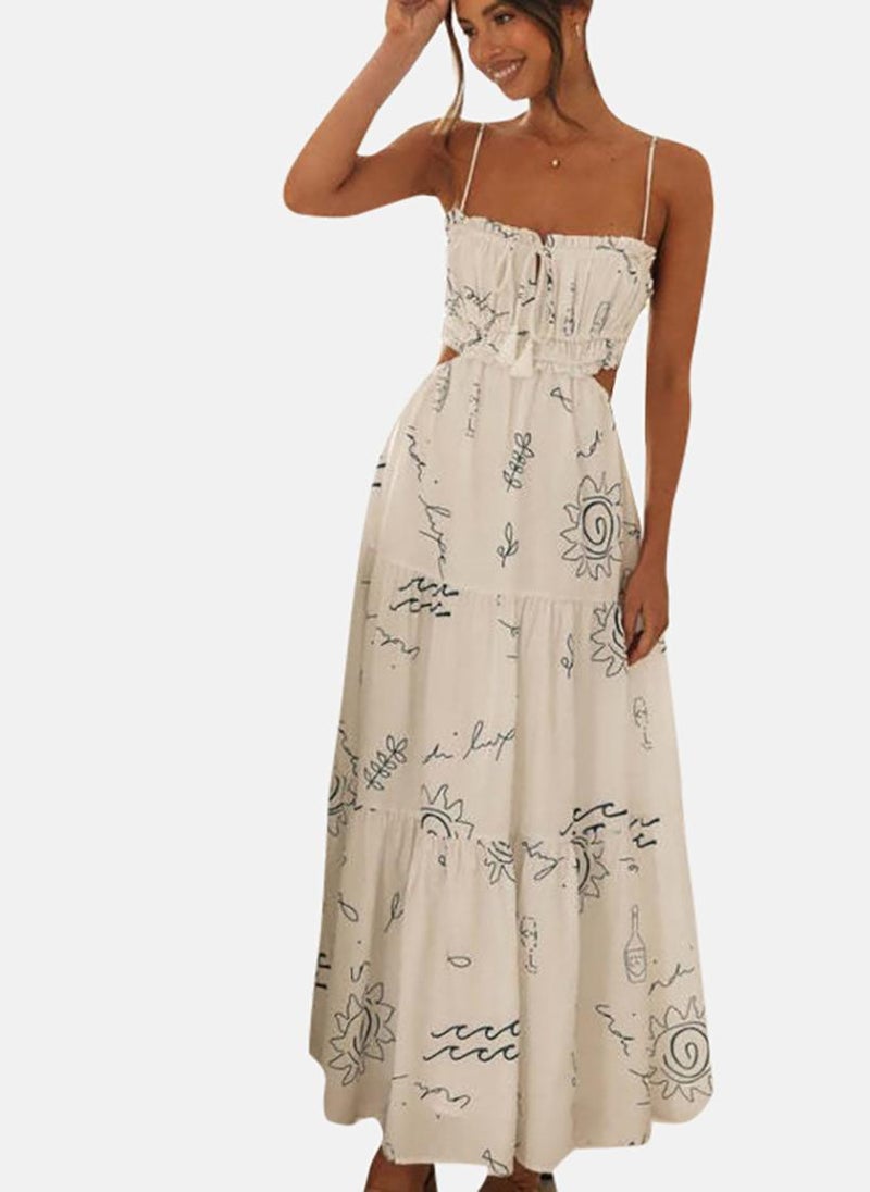 White Women Abstract Print Tiered Fit & Flare Maxi Dress