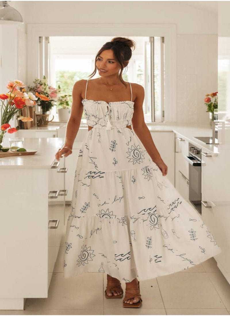 White Women Abstract Print Tiered Fit & Flare Maxi Dress