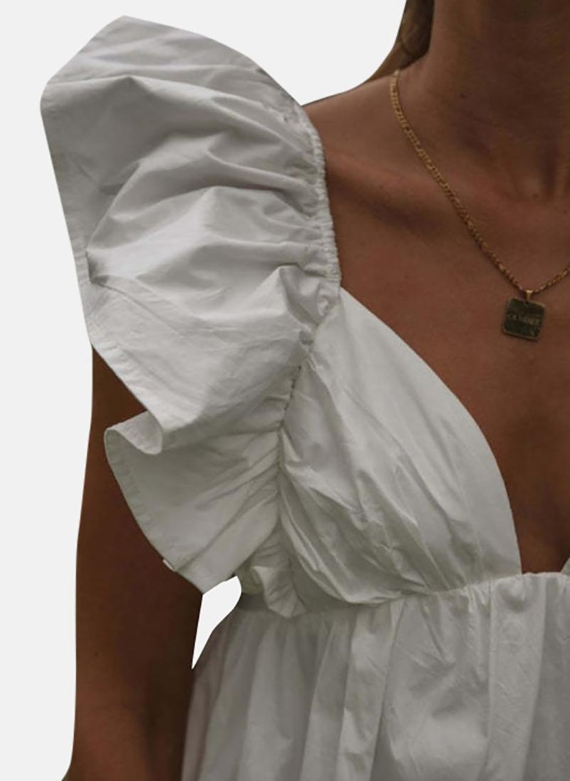 White Women Flutter Sleeve Fit and Flare Dress