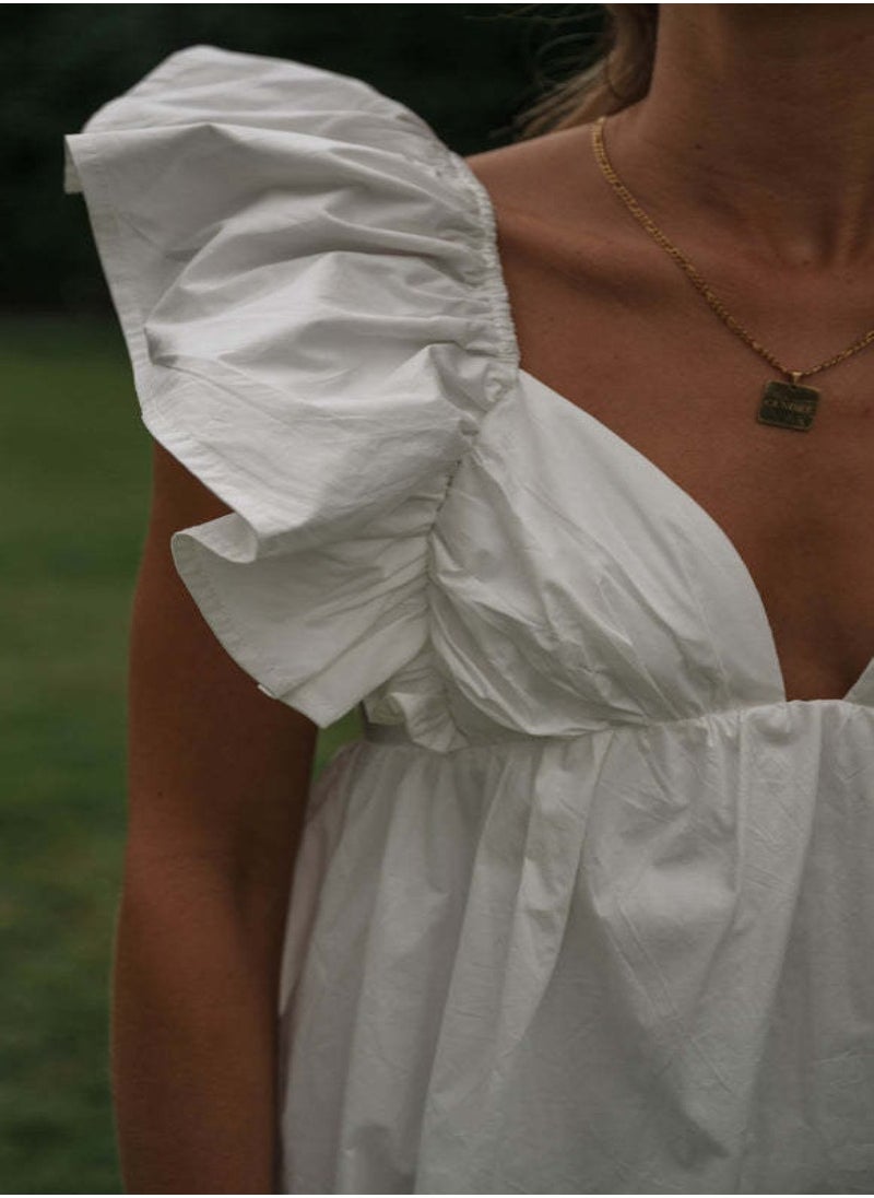 White Women Flutter Sleeve Fit and Flare Dress
