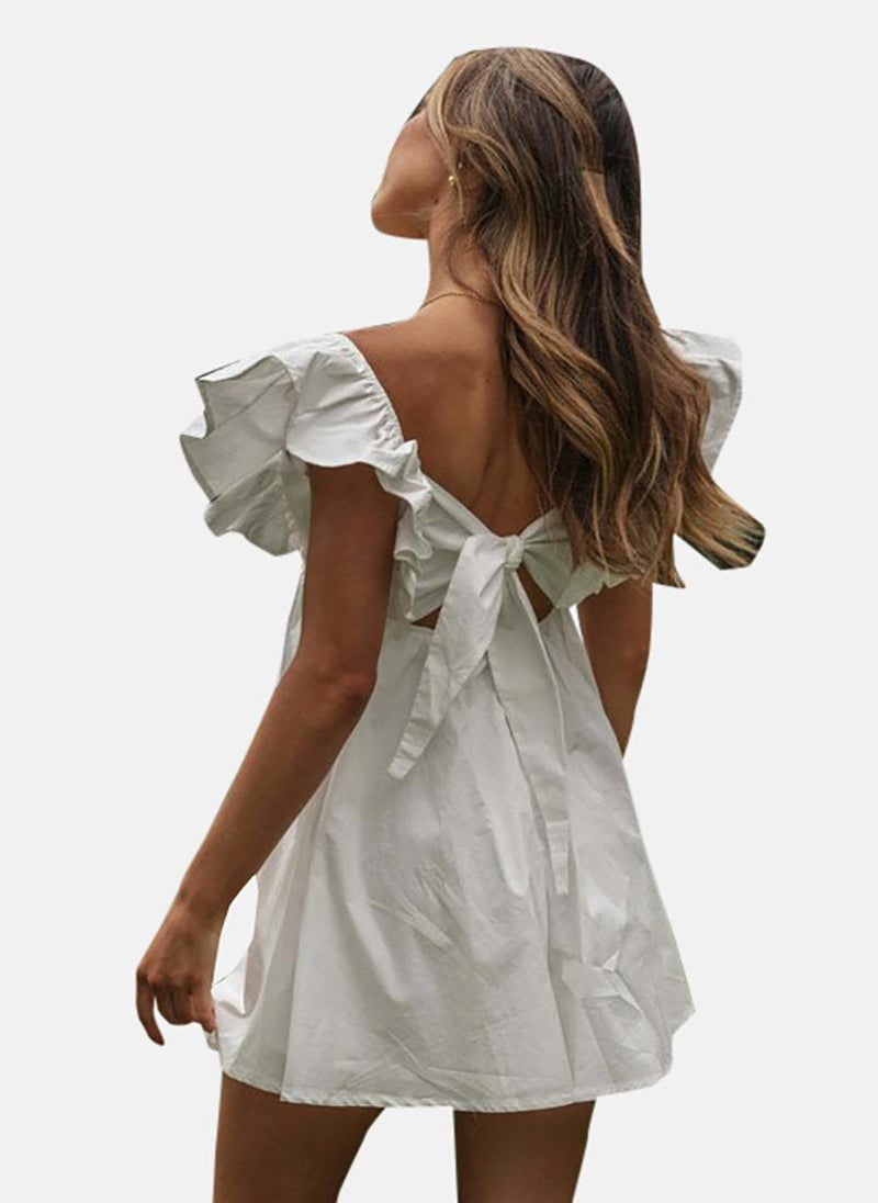 White Women Flutter Sleeve Fit and Flare Dress