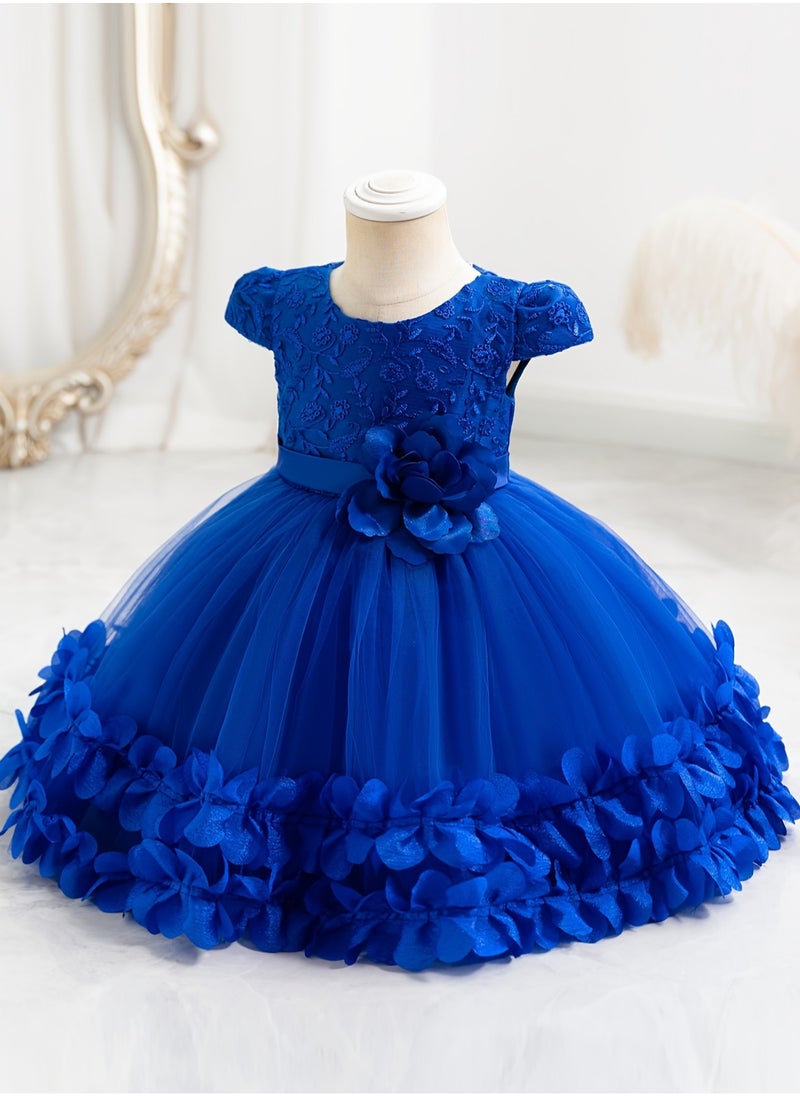 Embroidery Mesh Splicing Princess Dress Flower Decor Cap Sleeve Gown, Toddler Girl's Clothing For Formal Occasion Birthday Party Eid Festival Photography Banquet (Blue)