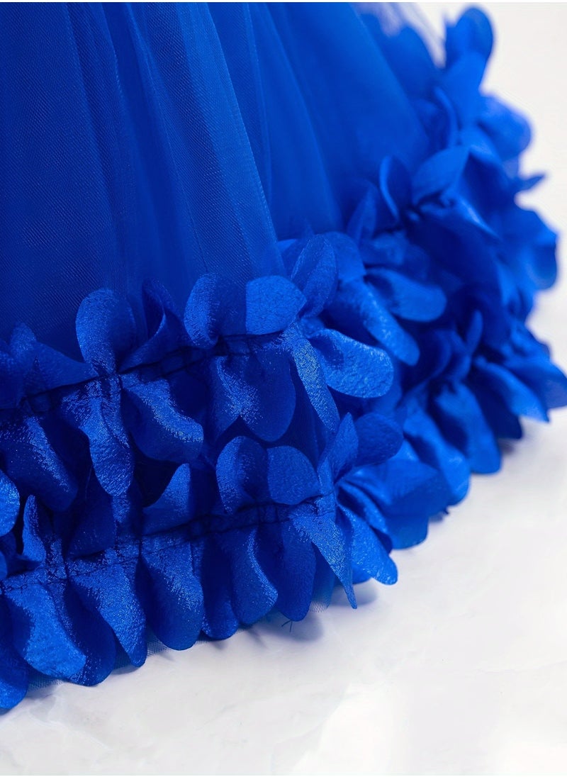 Embroidery Mesh Splicing Princess Dress Flower Decor Cap Sleeve Gown, Toddler Girl's Clothing For Formal Occasion Birthday Party Eid Festival Photography Banquet (Blue)