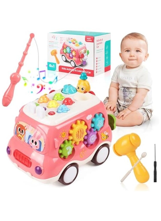 Baby Bus Montessori Musical Toy for 1~3 Years Toddlers with Sound & Light, with Xylophone/Hammering/Fishing Game & Windmill & Gear Rotation etc Sensory Learning,Gift for Boys & Girls (Pink)