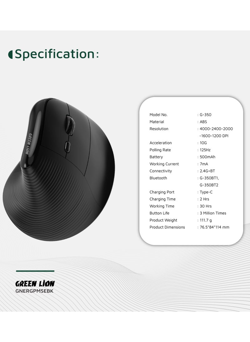 Wireless Mouse Ergo Grip Vertical Mouse with Adjustable 4000 DPI and Battery Display / Multi-Device Pairing / 2.4G Wireless and Bluetooth/ Ergonomic Mouse for Work Gaming or Daily Use - Black