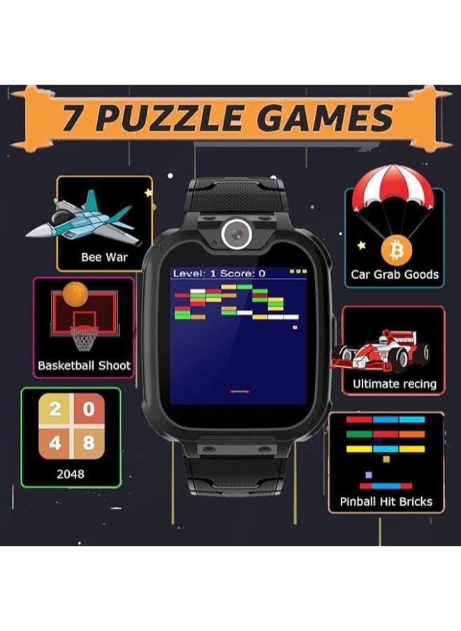 Children's IP65 Waterproof Smart Watch with SOS, Camera, Call, Music, 7 Games Puzzle, Alarm Clock, Compatible with iOS and Android for Girls and Boys