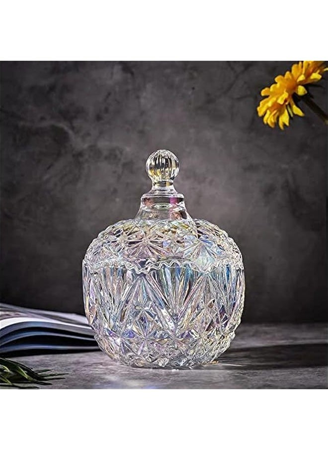 Colorful Crystal Glass Jar, Sugar Bowl Candy Dish, Snacks Storage Jar with Lid, Decorative Trinket Cosmetics Display Pot for Dressing Table Bathroom Parties Xmas, Gift for Girl (14.5 * 14.5 * 19.5)