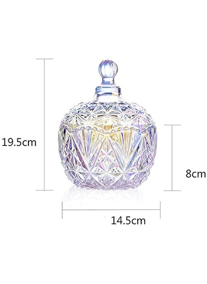 Colorful Crystal Glass Jar, Sugar Bowl Candy Dish, Snacks Storage Jar with Lid, Decorative Trinket Cosmetics Display Pot for Dressing Table Bathroom Parties Xmas, Gift for Girl (14.5 * 14.5 * 19.5)