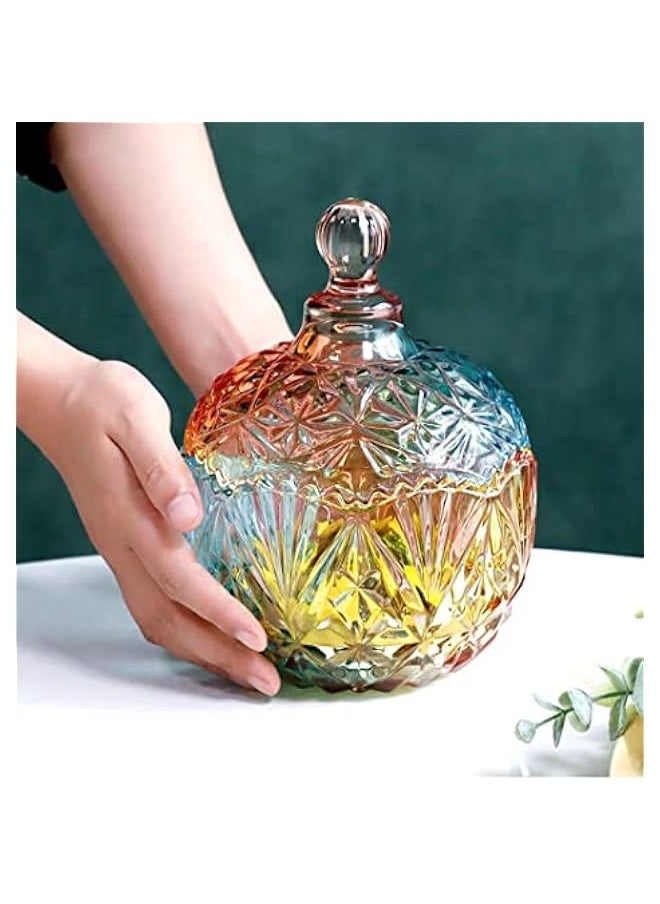 Colorful Crystal Glass Jar, Sugar Bowl Candy Dish, Snacks Storage Jar with Lid, Decorative Trinket Cosmetics Display Pot for Dressing Table Bathroom Parties Xmas, Gift for Girl (14.5 * 14.5 * 19.5)