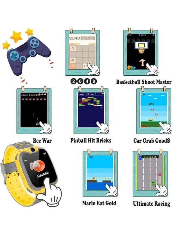 Children's IP65 Waterproof Smart Watch with SOS, Camera, Call, Music, 7 Games Puzzle, Alarm Clock, Compatible with iOS and Android for Girls and Boys(Yellow)