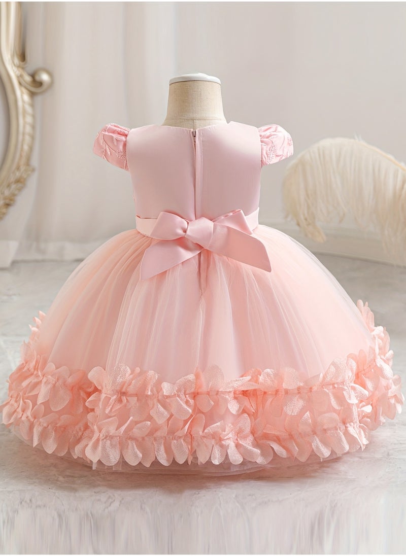 Embroidery Mesh Splicing Princess Dress Flower Decor Cap Sleeve Gown, Toddler Girl's Clothing For Formal Occasion Birthday Party Eid Festival Photography Banquet (Baby Pink)
