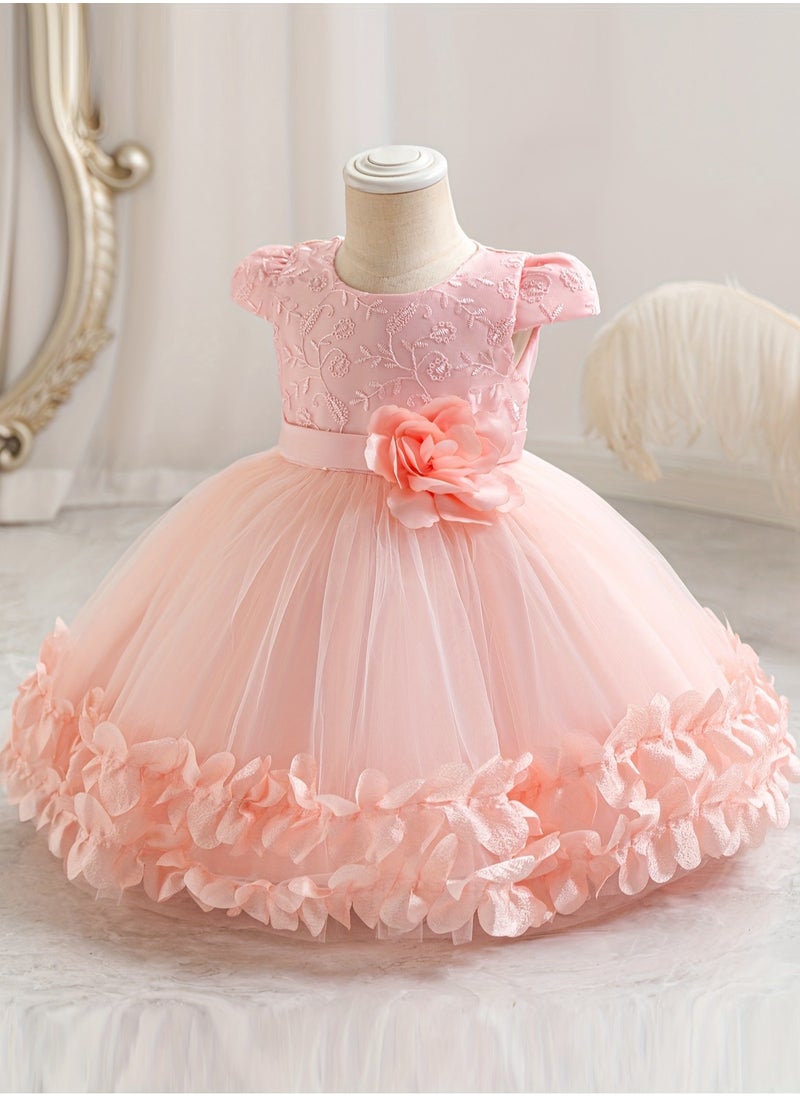 Embroidery Mesh Splicing Princess Dress Flower Decor Cap Sleeve Gown, Toddler Girl's Clothing For Formal Occasion Birthday Party Eid Festival Photography Banquet (Baby Pink)