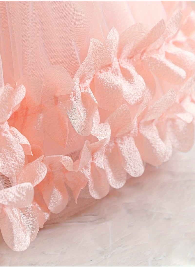 Embroidery Mesh Splicing Princess Dress Flower Decor Cap Sleeve Gown, Toddler Girl's Clothing For Formal Occasion Birthday Party Eid Festival Photography Banquet (Baby Pink)