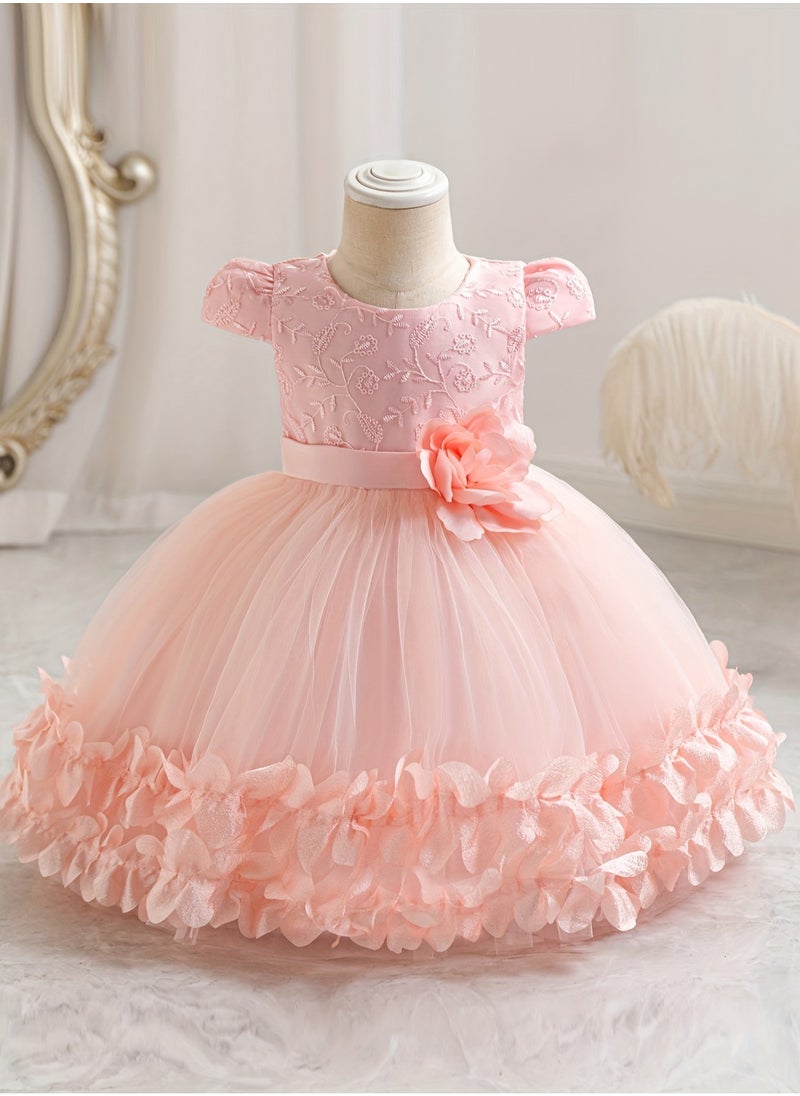 Embroidery Mesh Splicing Princess Dress Flower Decor Cap Sleeve Gown, Toddler Girl's Clothing For Formal Occasion Birthday Party Eid Festival Photography Banquet (Baby Pink)
