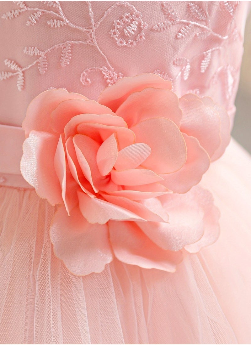 Embroidery Mesh Splicing Princess Dress Flower Decor Cap Sleeve Gown, Toddler Girl's Clothing For Formal Occasion Birthday Party Eid Festival Photography Banquet (Baby Pink)