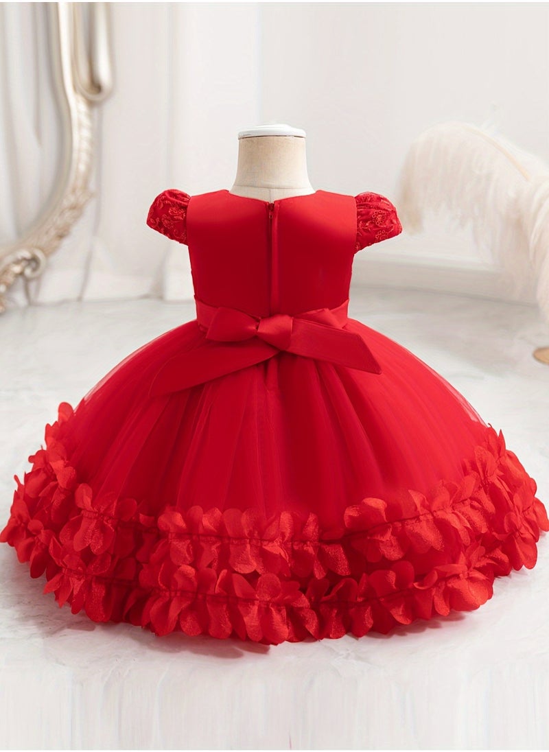 Embroidery Mesh Splicing Princess Dress Flower Decor Cap Sleeve Gown, Toddler Girl's Clothing For Formal Occasion Birthday Party Eid Festival Photography Banquet (Red)