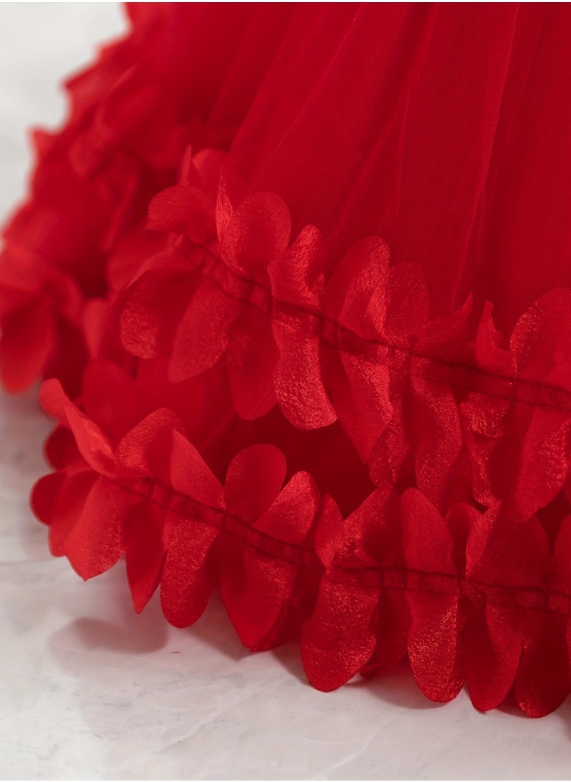 Embroidery Mesh Splicing Princess Dress Flower Decor Cap Sleeve Gown, Toddler Girl's Clothing For Formal Occasion Birthday Party Eid Festival Photography Banquet (Red)