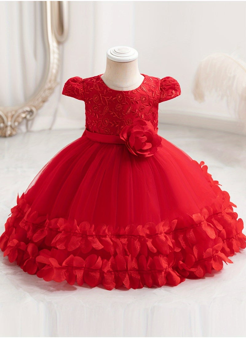 Embroidery Mesh Splicing Princess Dress Flower Decor Cap Sleeve Gown, Toddler Girl's Clothing For Formal Occasion Birthday Party Eid Festival Photography Banquet (Red)